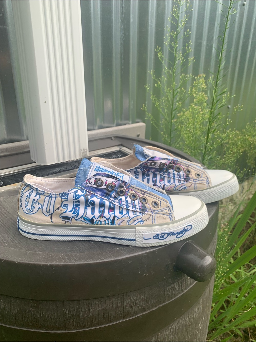 Ed Hardy Women's Low-Top Sneakers in Blue and Cream with Skull Graphics